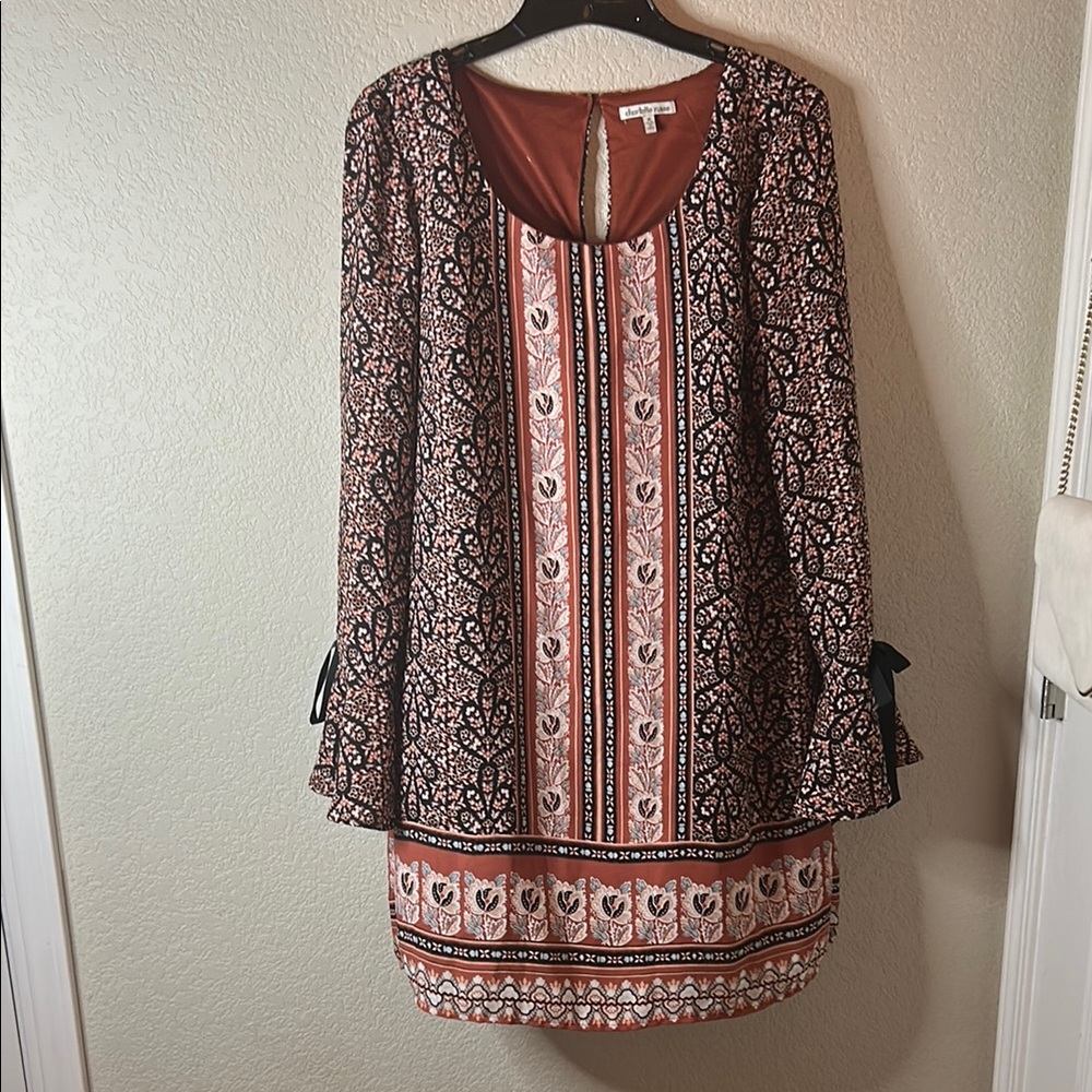 Charlotte Russe Brown and Orange Long Sleeve Dress with Scoop Neck
